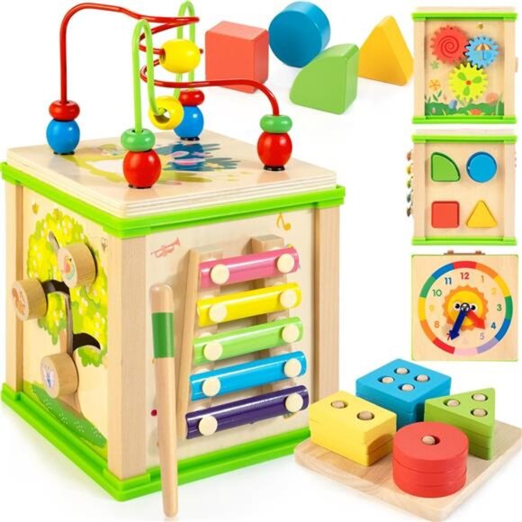 Wooden 7-in-1 Activity Cube| Montessori Toys for 1 2 3 Year Old Toddlers| Baby - Picture 1 of 7